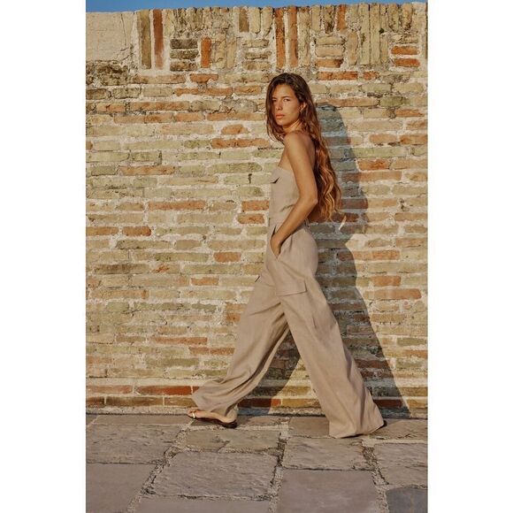 ZARA LINEN BLEND CARGO JUMPSUIT Sz M - Picture 1 of 9